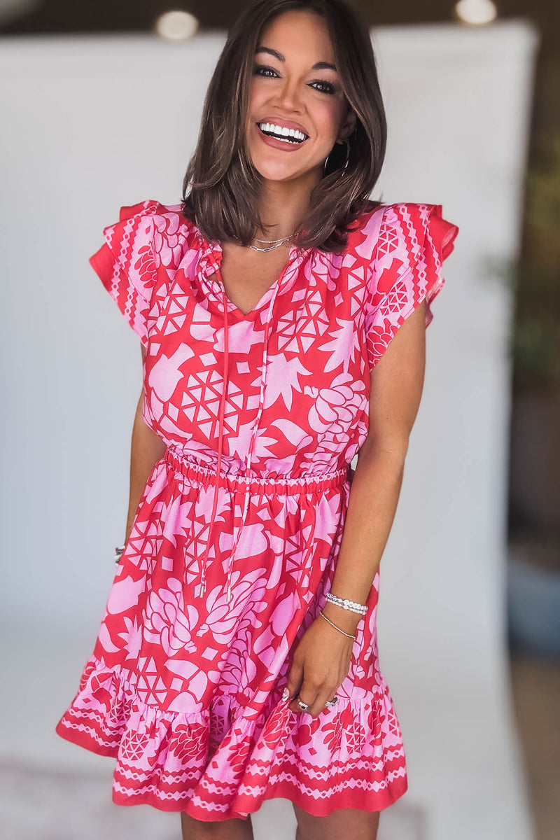 Pink Border Print Mini Dress