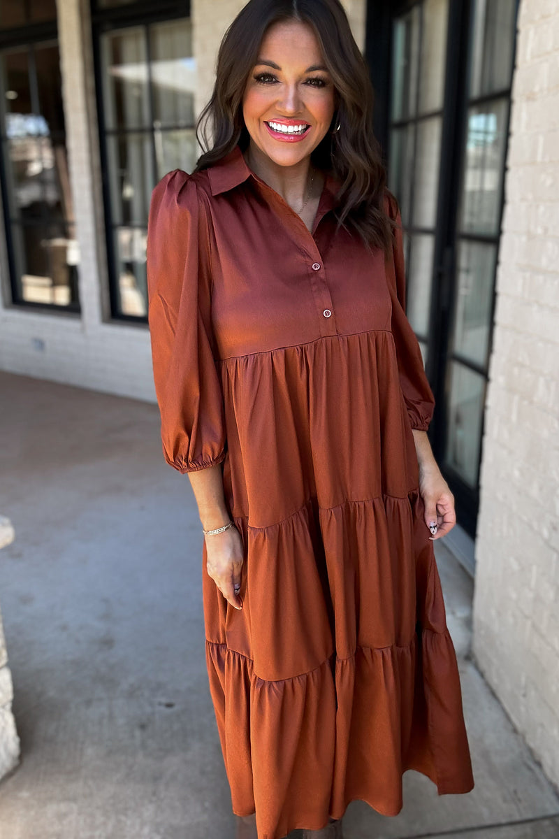 Time To Charm Rust Solid Satin Tiered Dress