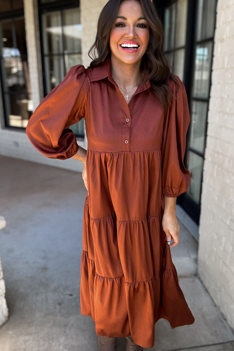 Time To Charm Rust Solid Satin Tiered Dress
