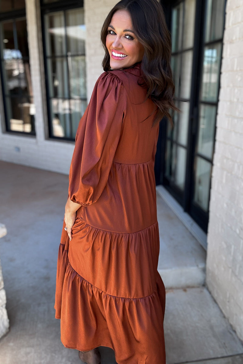 Time To Charm Rust Solid Satin Tiered Dress