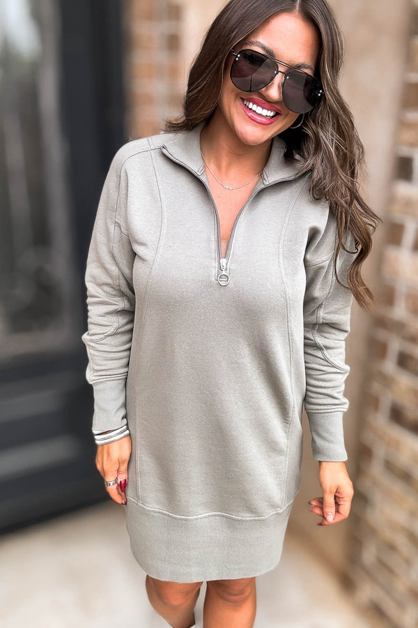 Fun Olive High Neck Ribbed Sweatshirt Dress