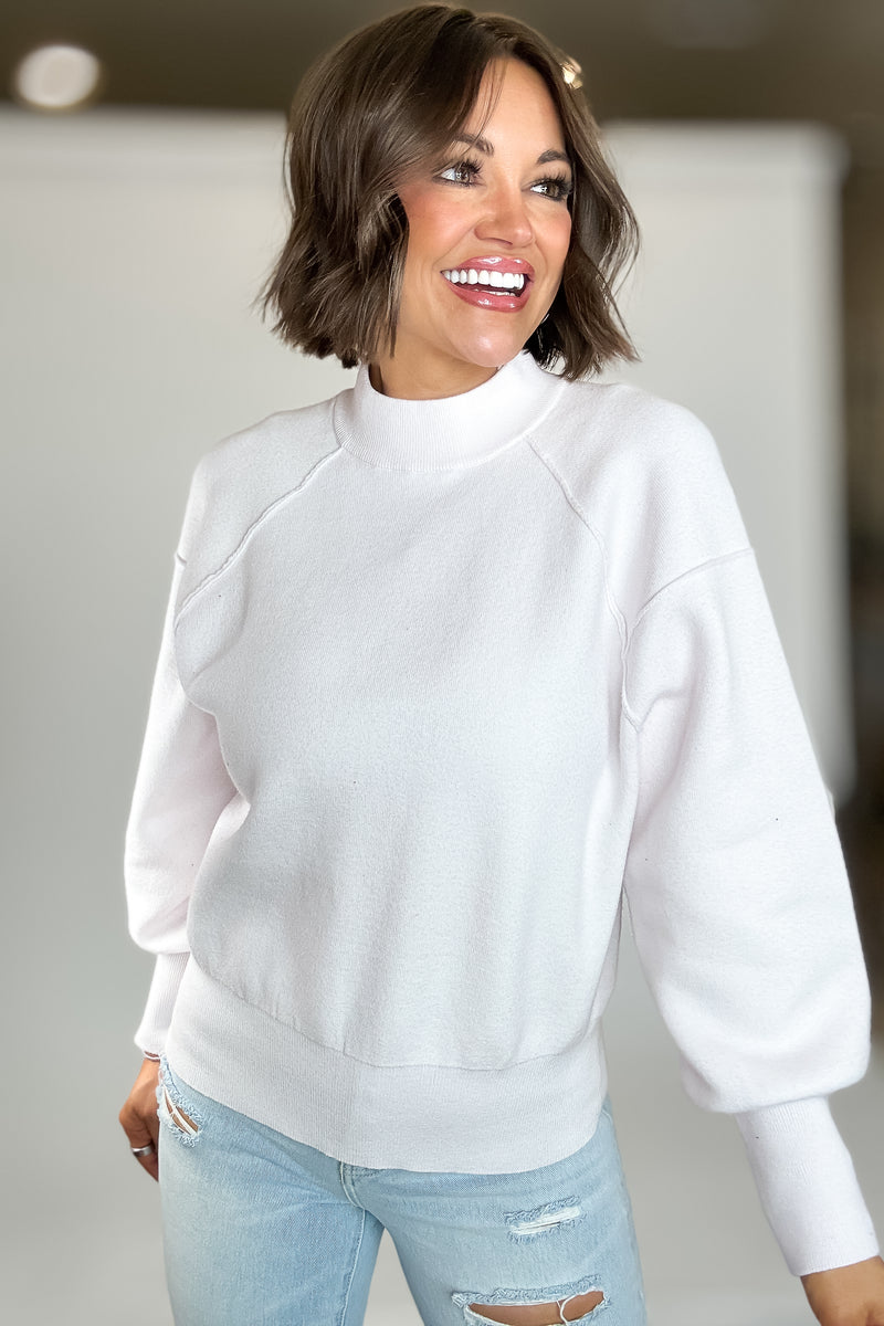 Viscose White Mock Neck Exposed Seam Sweater