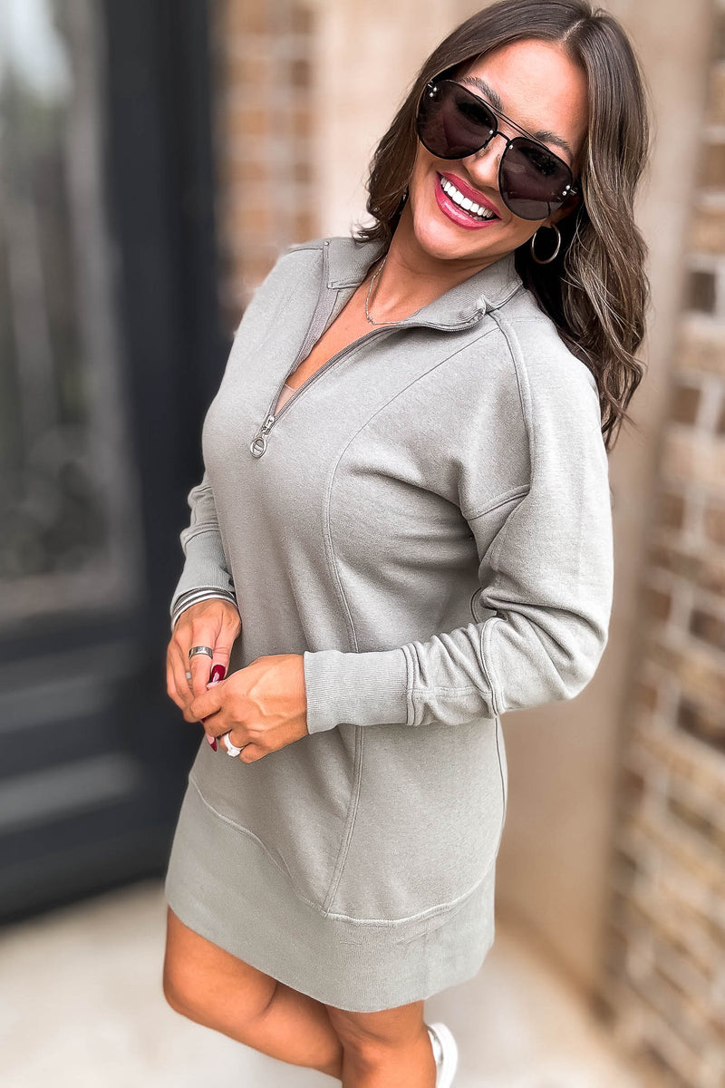 Fun Olive High Neck Ribbed Sweatshirt Dress