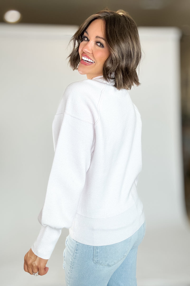 Viscose White Mock Neck Exposed Seam Sweater