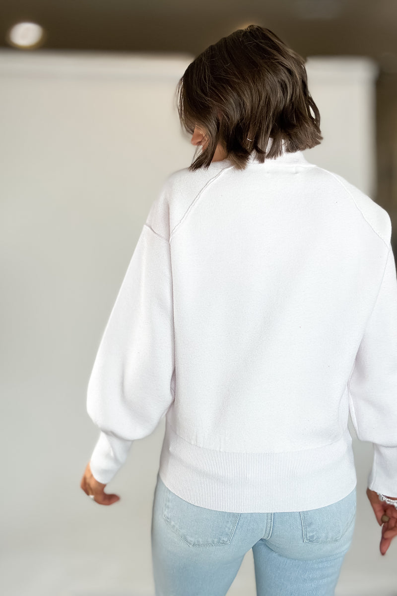 Viscose White Mock Neck Exposed Seam Sweater