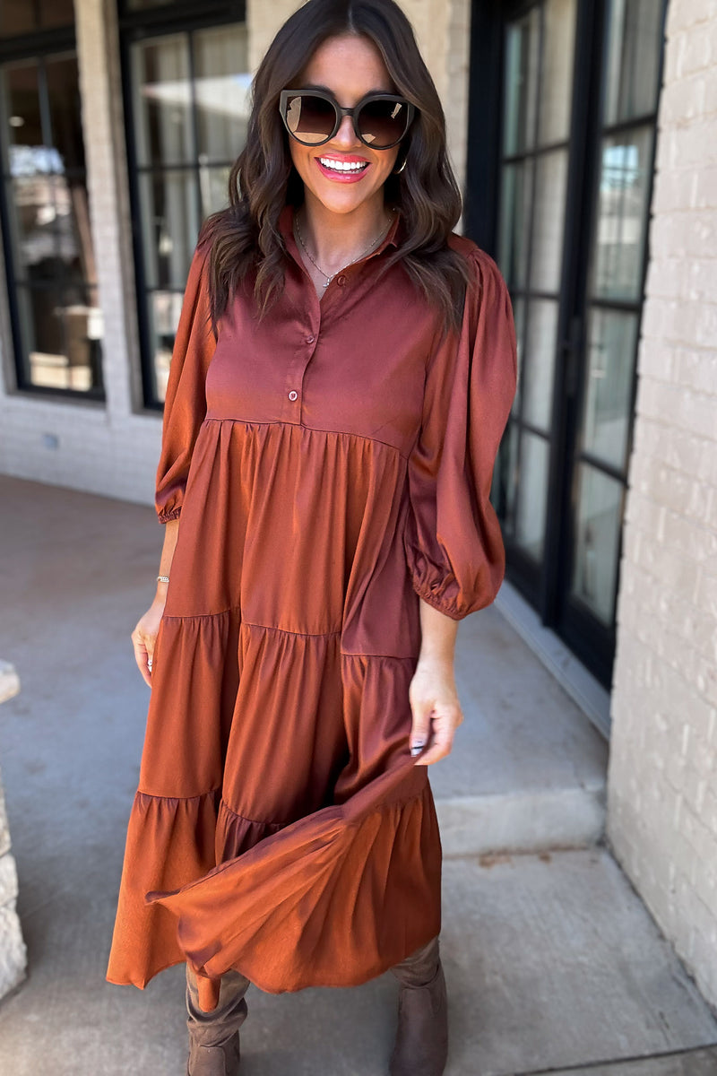 Time To Charm Rust Solid Satin Tiered Dress
