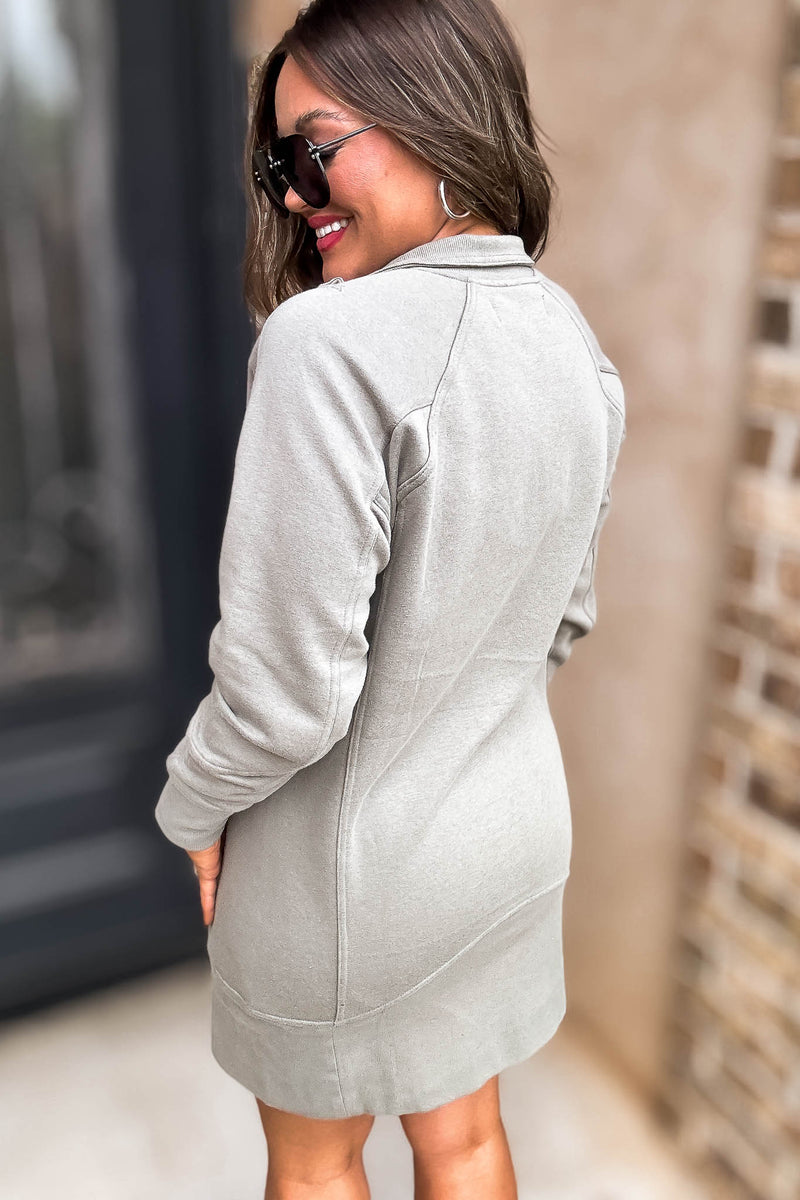 Fun Olive High Neck Ribbed Sweatshirt Dress