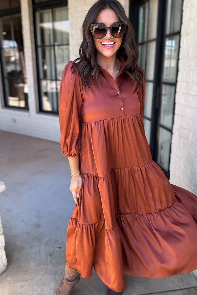 Time To Charm Rust Solid Satin Tiered Dress