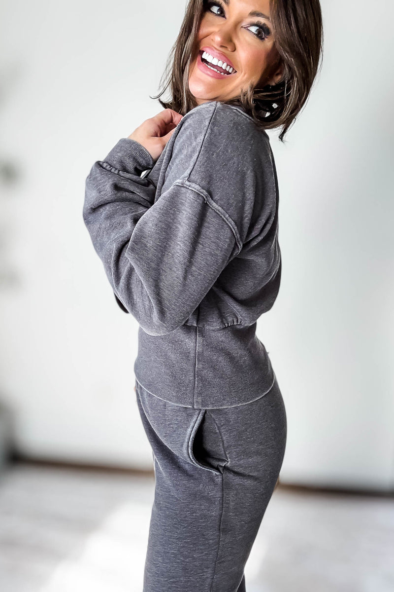 Burned Out Deep V-Neck Black Sweatshirt
