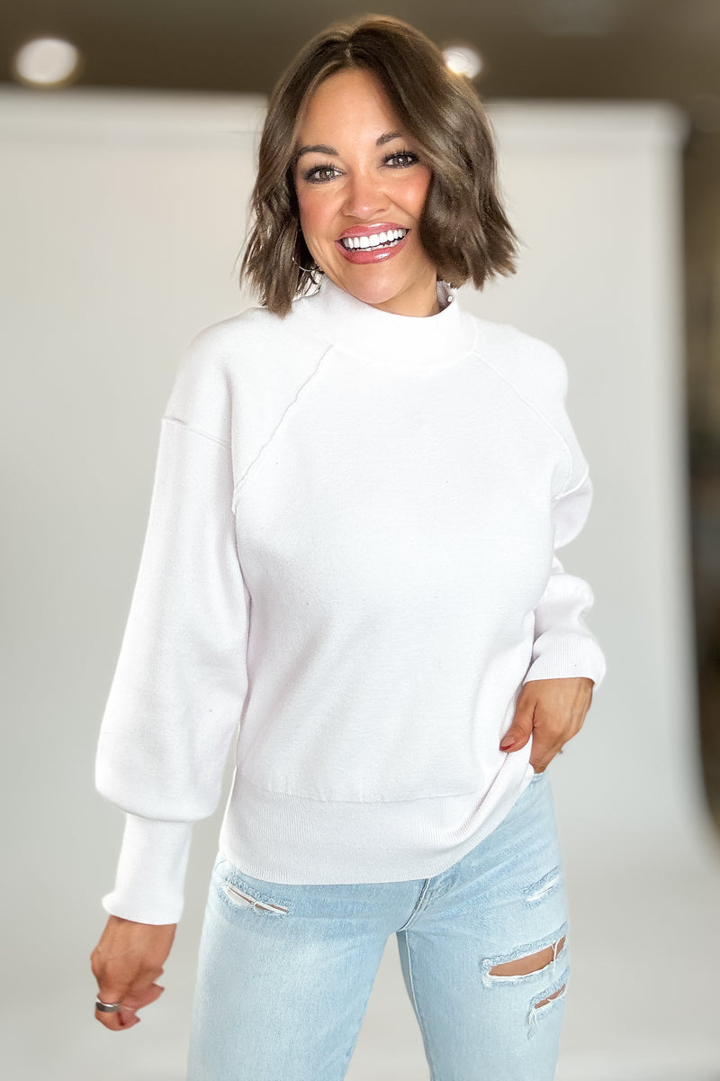 Viscose White Mock Neck Exposed Seam Sweater