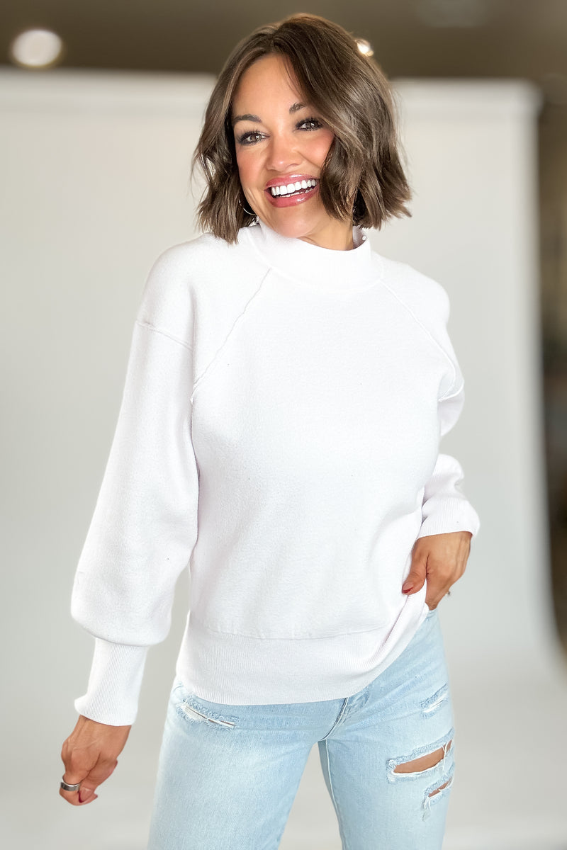 Viscose White Mock Neck Exposed Seam Sweater