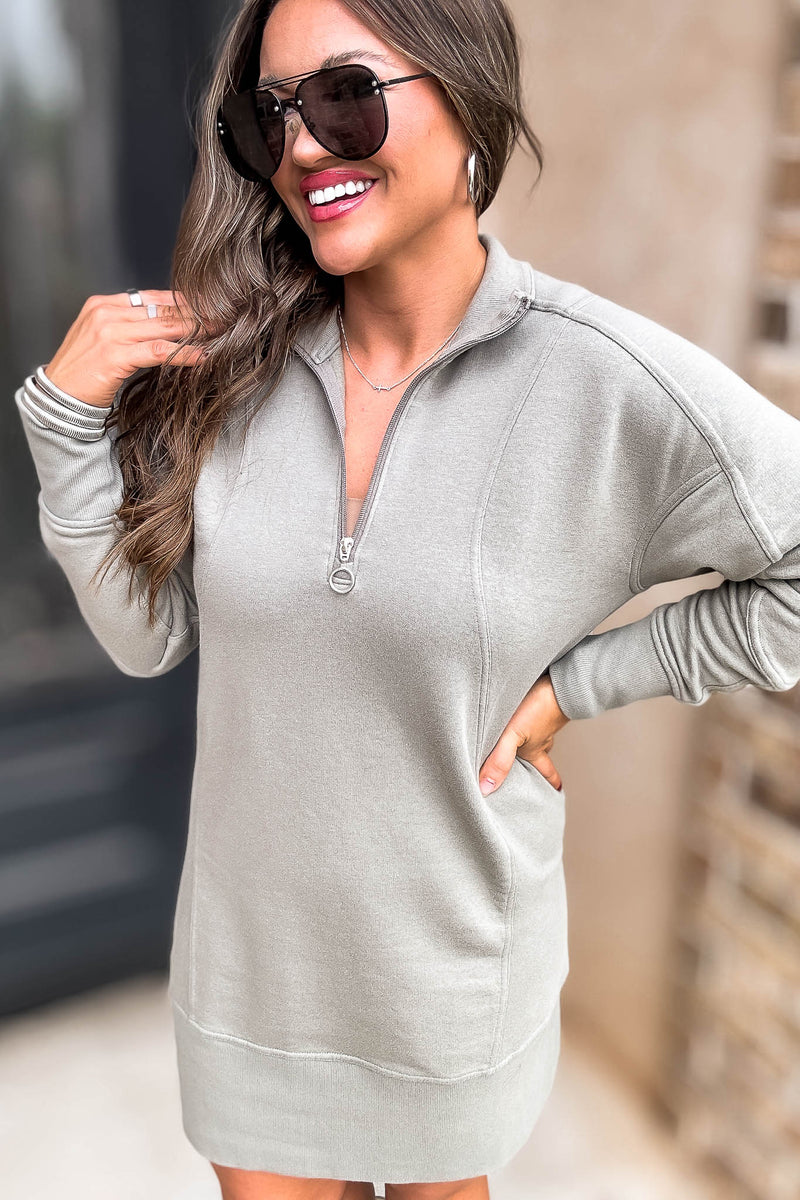 Fun Olive High Neck Ribbed Sweatshirt Dress
