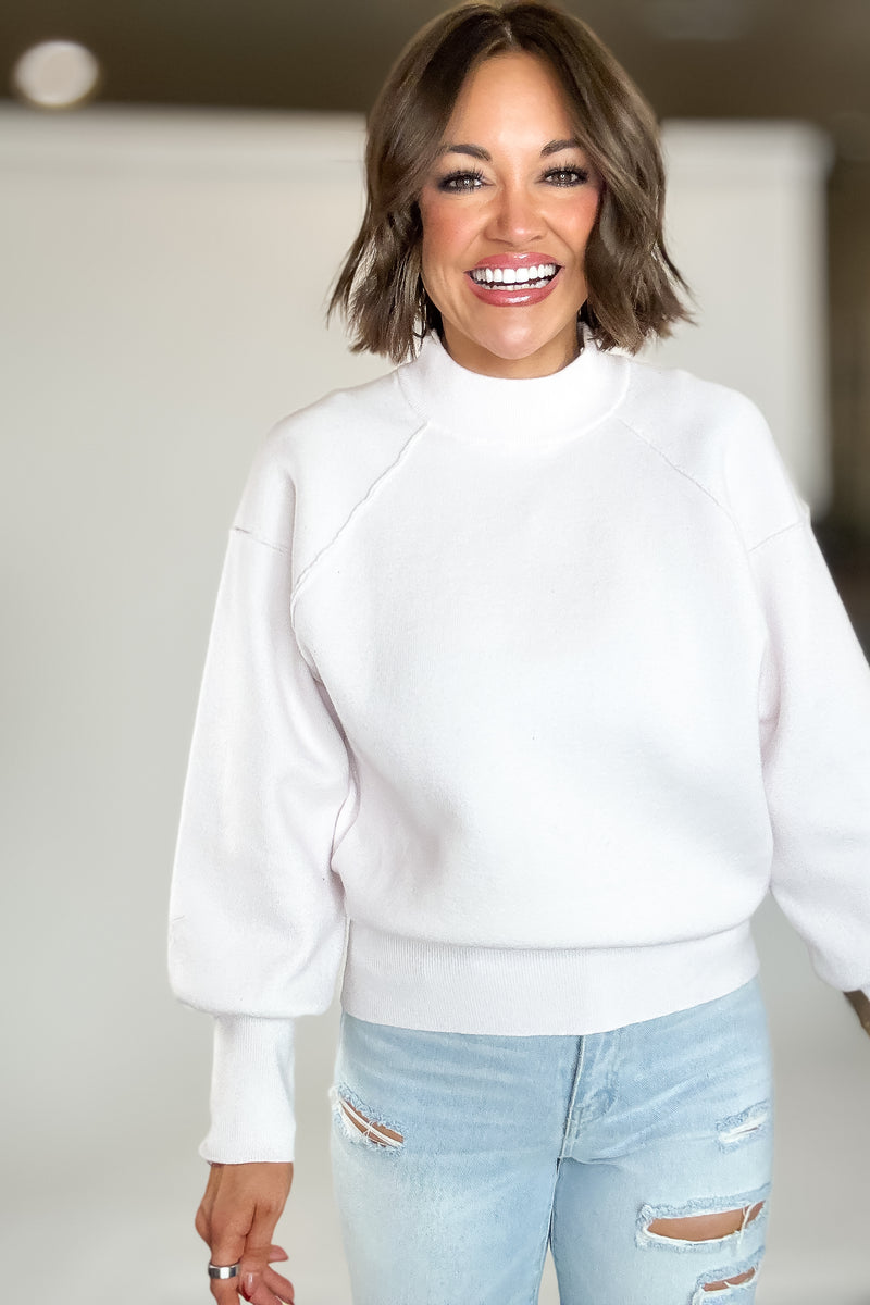 Viscose White Mock Neck Exposed Seam Sweater