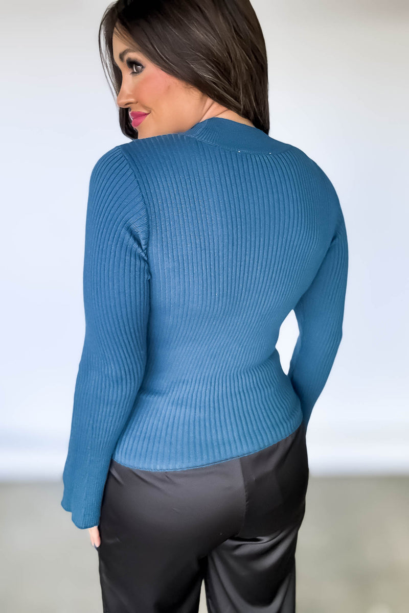 Ribbed Teal Flared Sleeve Knit Top