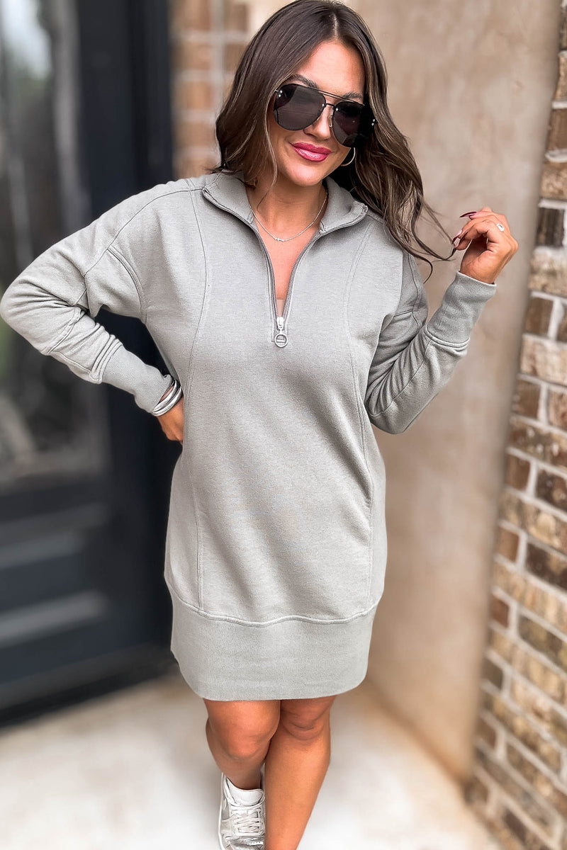 Fun Olive High Neck Ribbed Sweatshirt Dress