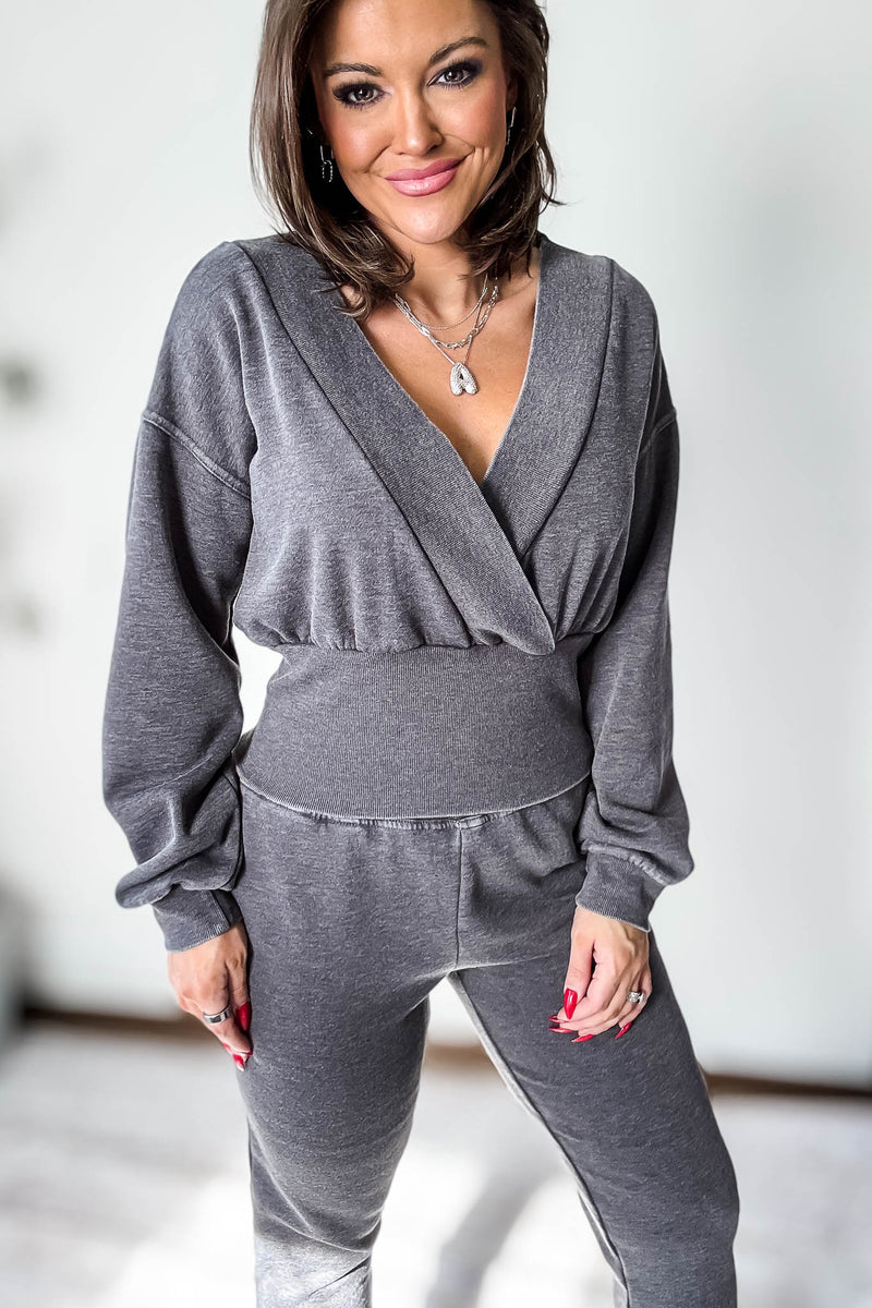 Burned Out Deep V-Neck Black Sweatshirt