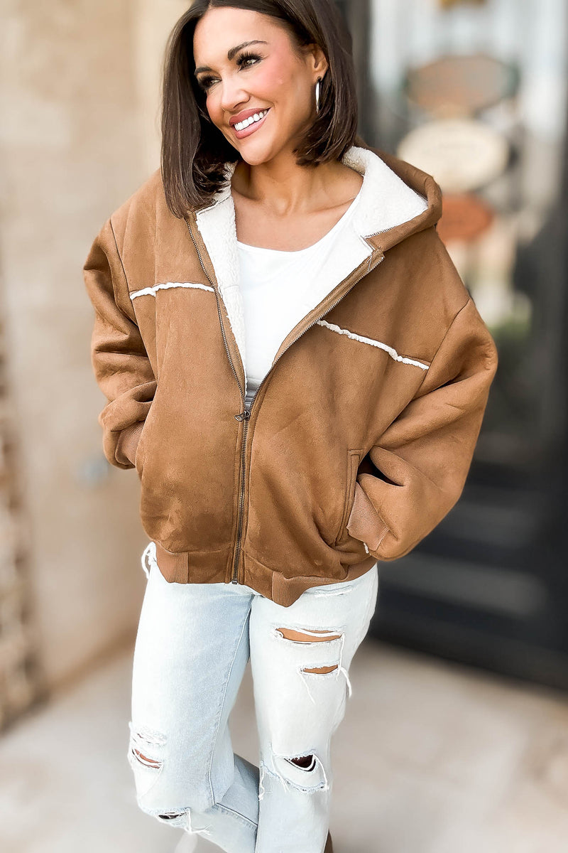 Le Lis Suede With Fleece Zipper Down Jacket With Hoodie