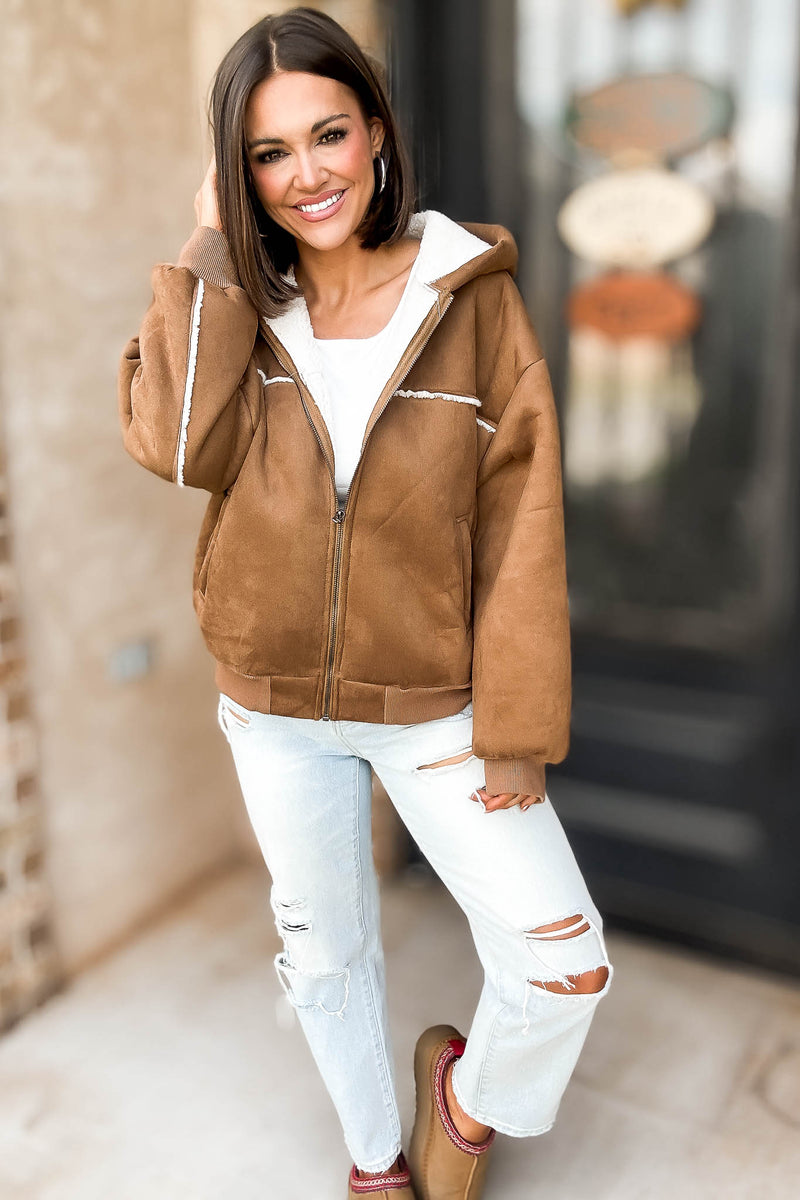 Le Lis Suede With Fleece Zipper Down Jacket With Hoodie