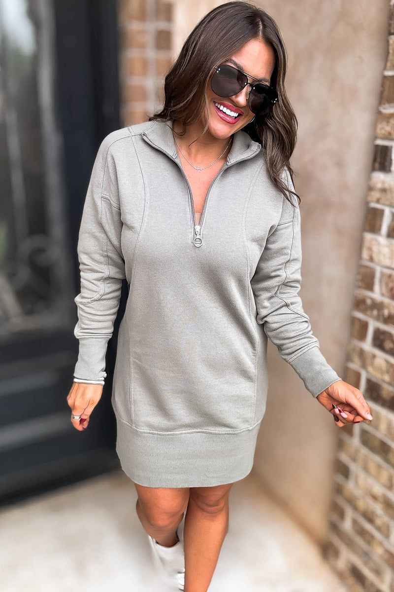 Fun Olive High Neck Ribbed Sweatshirt Dress