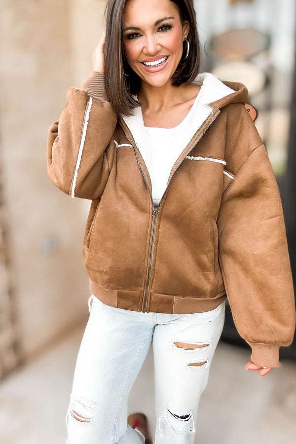 Le Lis Suede With Fleece Zipper Down Jacket With Hoodie