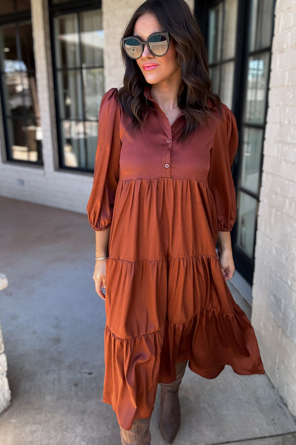 Time To Charm Rust Solid Satin Tiered Dress