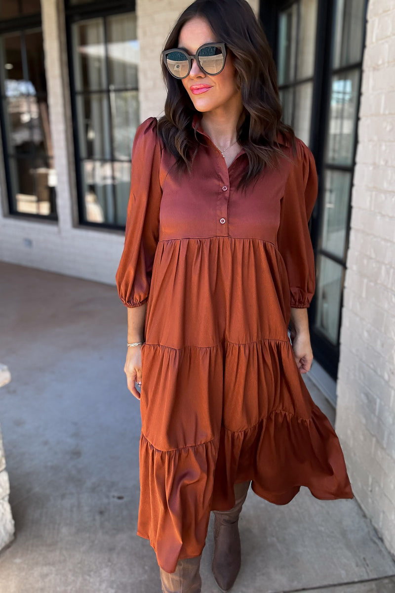 Time To Charm Rust Solid Satin Tiered Dress