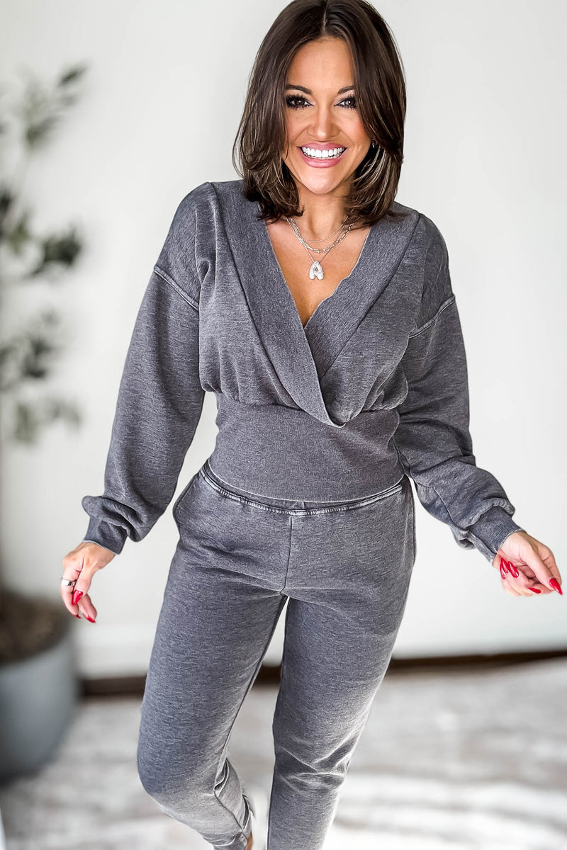 Burned Out Deep V-Neck Black Sweatshirt