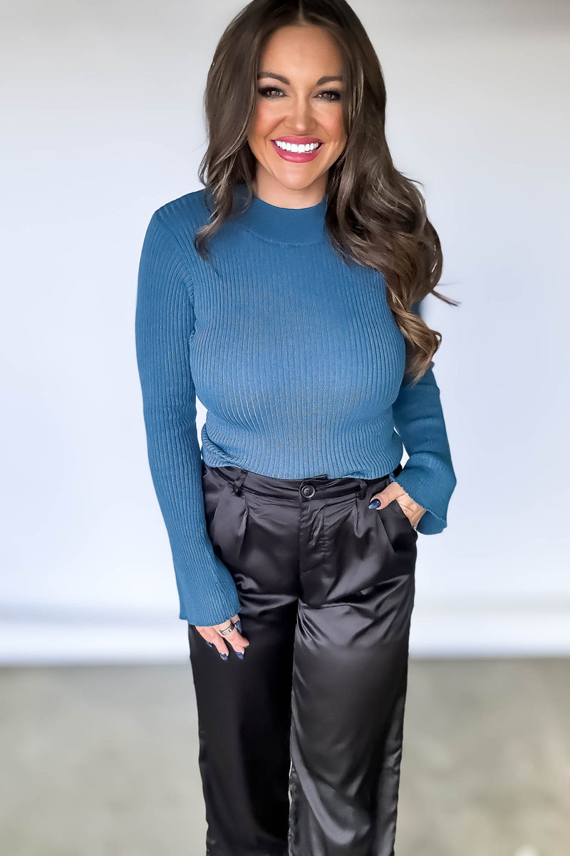 Ribbed Teal Flared Sleeve Knit Top
