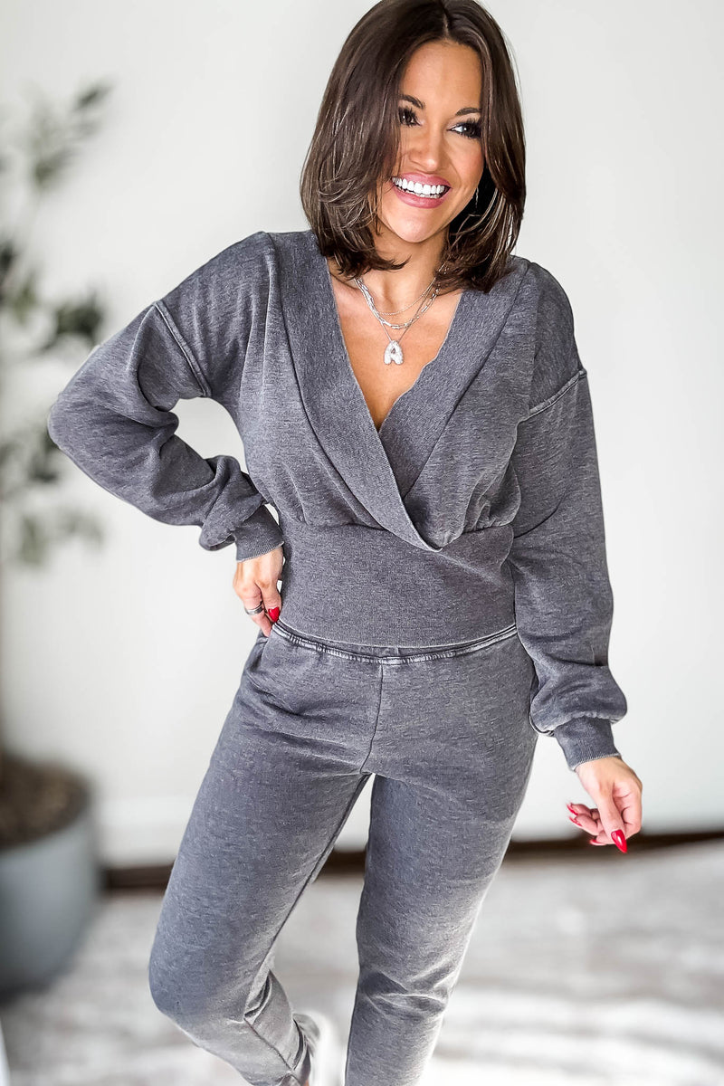 Burned Out Deep V-Neck Black Sweatshirt