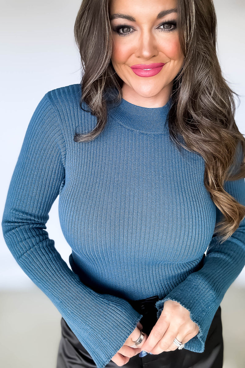 Ribbed Teal Flared Sleeve Knit Top