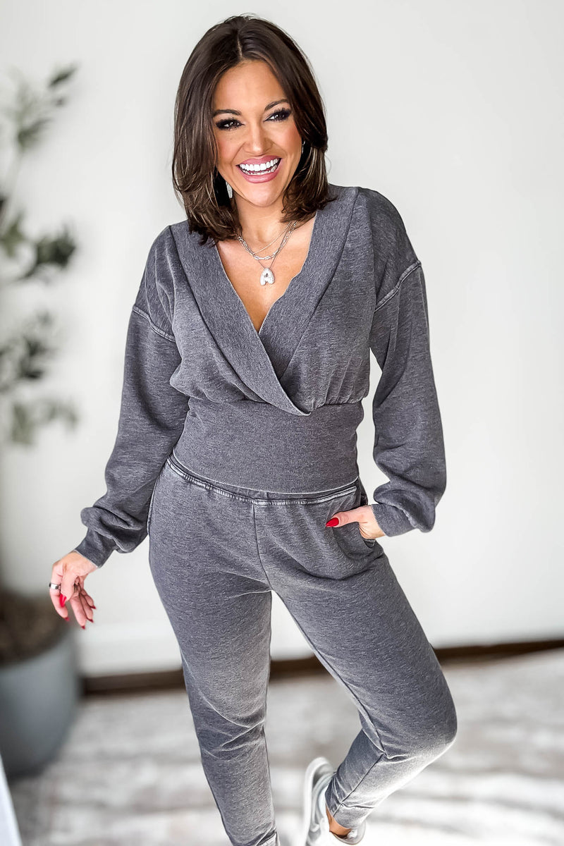 Burned Out Deep V-Neck Black Sweatshirt