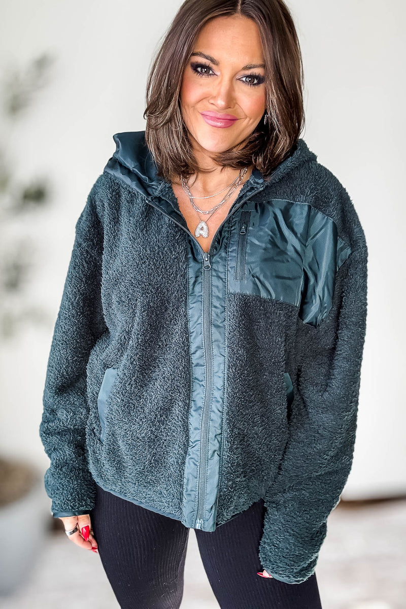 Zip Up Jungle Green Sherpa Hoodie