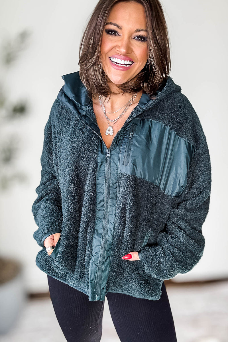 Zip Up Jungle Green Sherpa Hoodie