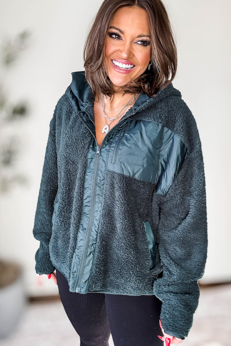 Zip Up Jungle Green Sherpa Hoodie