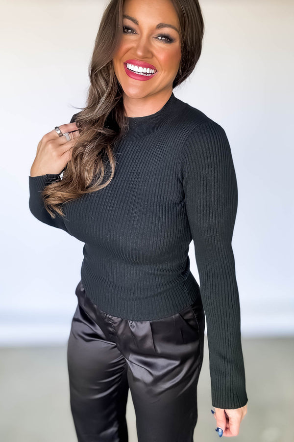 Ribbed Black Flared Sleeve Knit Top