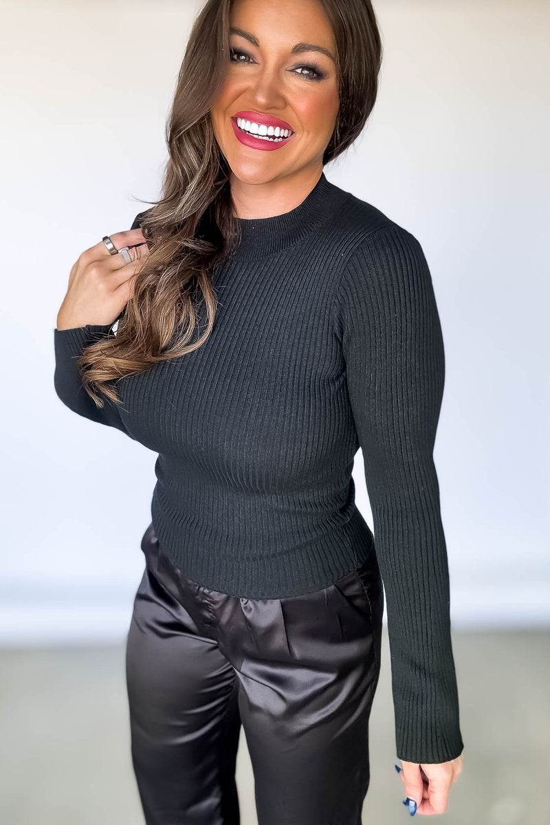 Ribbed Black Flared Sleeve Knit Top