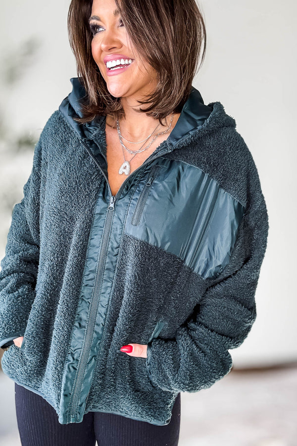 Zip Up Jungle Green Sherpa Hoodie