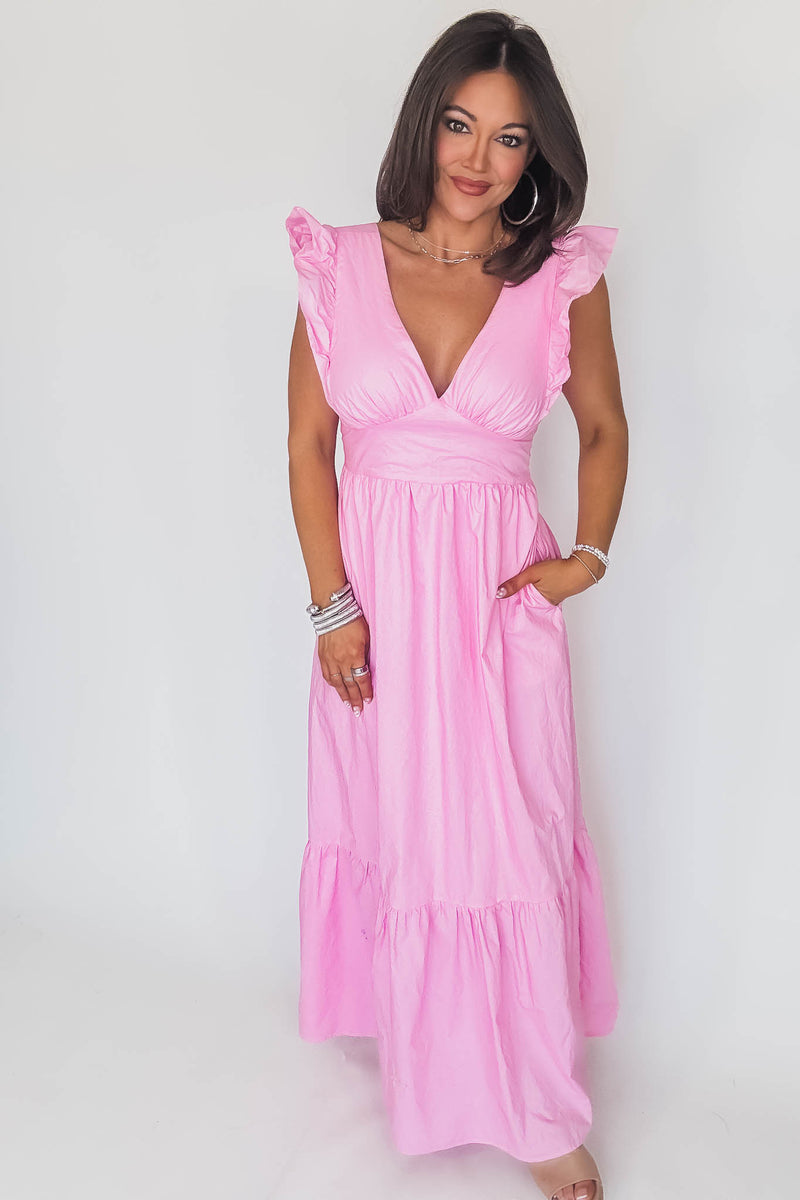Pink Poplin Tie Back Maxi Dress