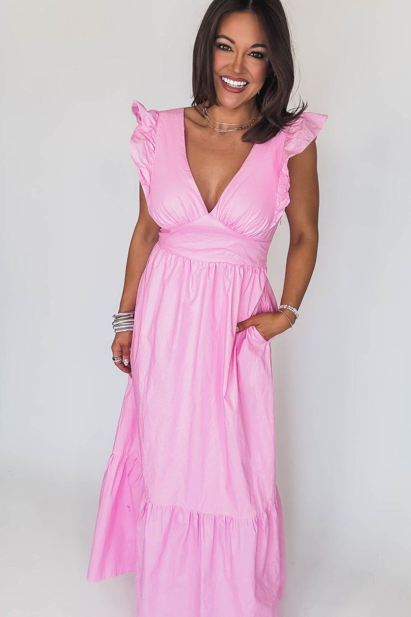 Pink Poplin Tie Back Maxi Dress