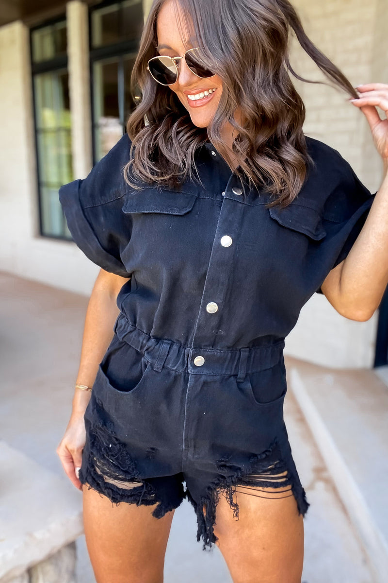 Distressed Black Denim Romper