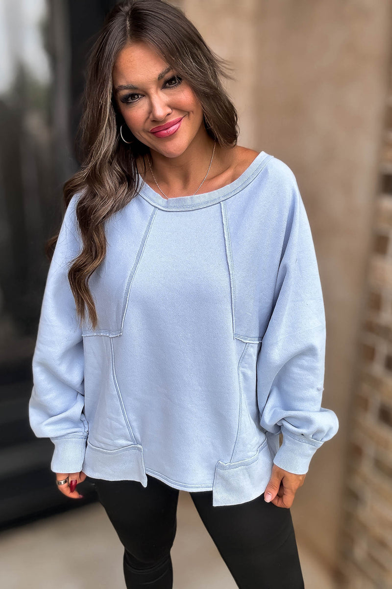 Oversized Blue Detail Patched Dolman Sleeve Sweatshirt