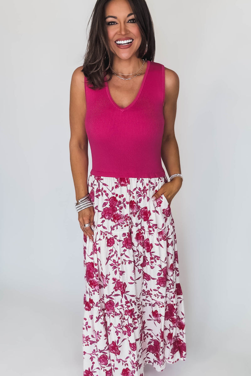 Fuchsia Print Sleeveless V-Neck Mixed Media Long Dress