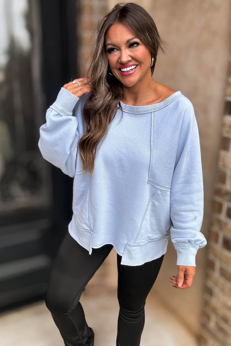 Oversized Blue Detail Patched Dolman Sleeve Sweatshirt