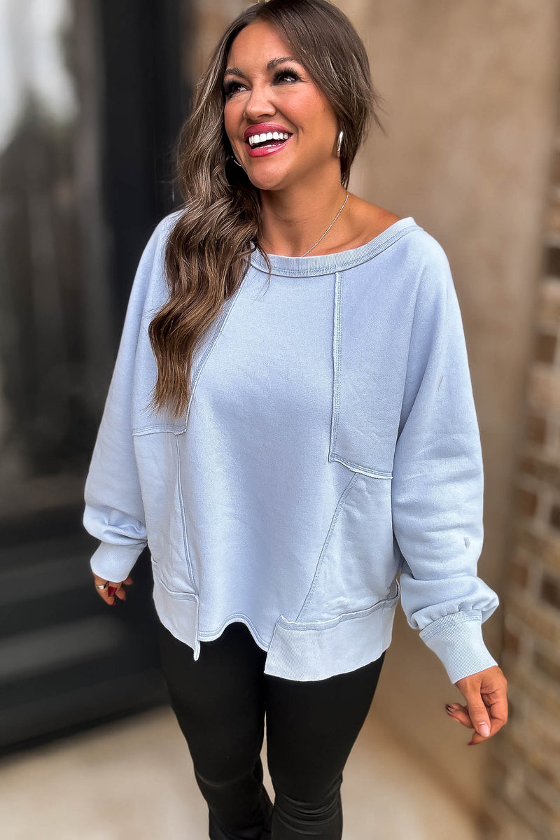 Oversized Blue Detail Patched Dolman Sleeve Sweatshirt