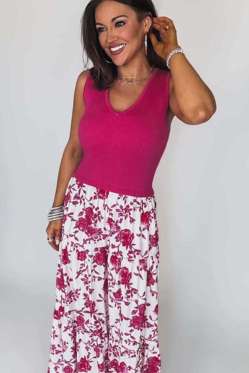Fuchsia Print Sleeveless V-Neck Mixed Media Long Dress