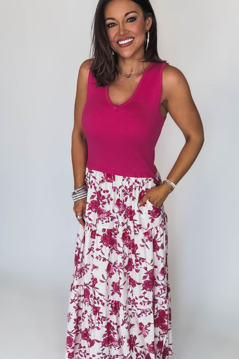 Fuchsia Print Sleeveless V-Neck Mixed Media Long Dress