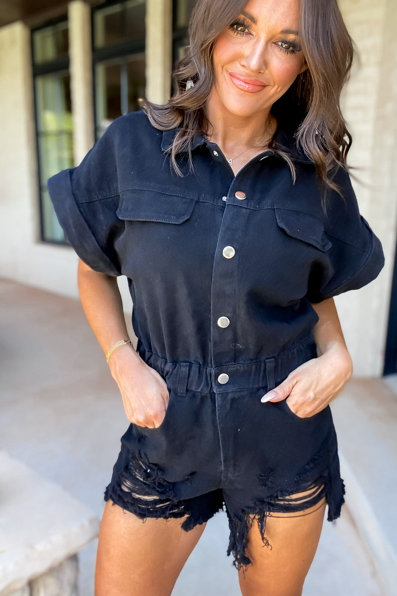 Distressed Black Denim Romper