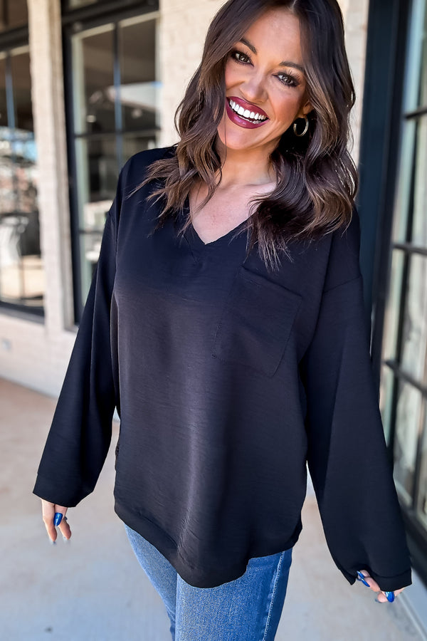 Darkest Moments Black Solid V-Neck Long Sleeve Top