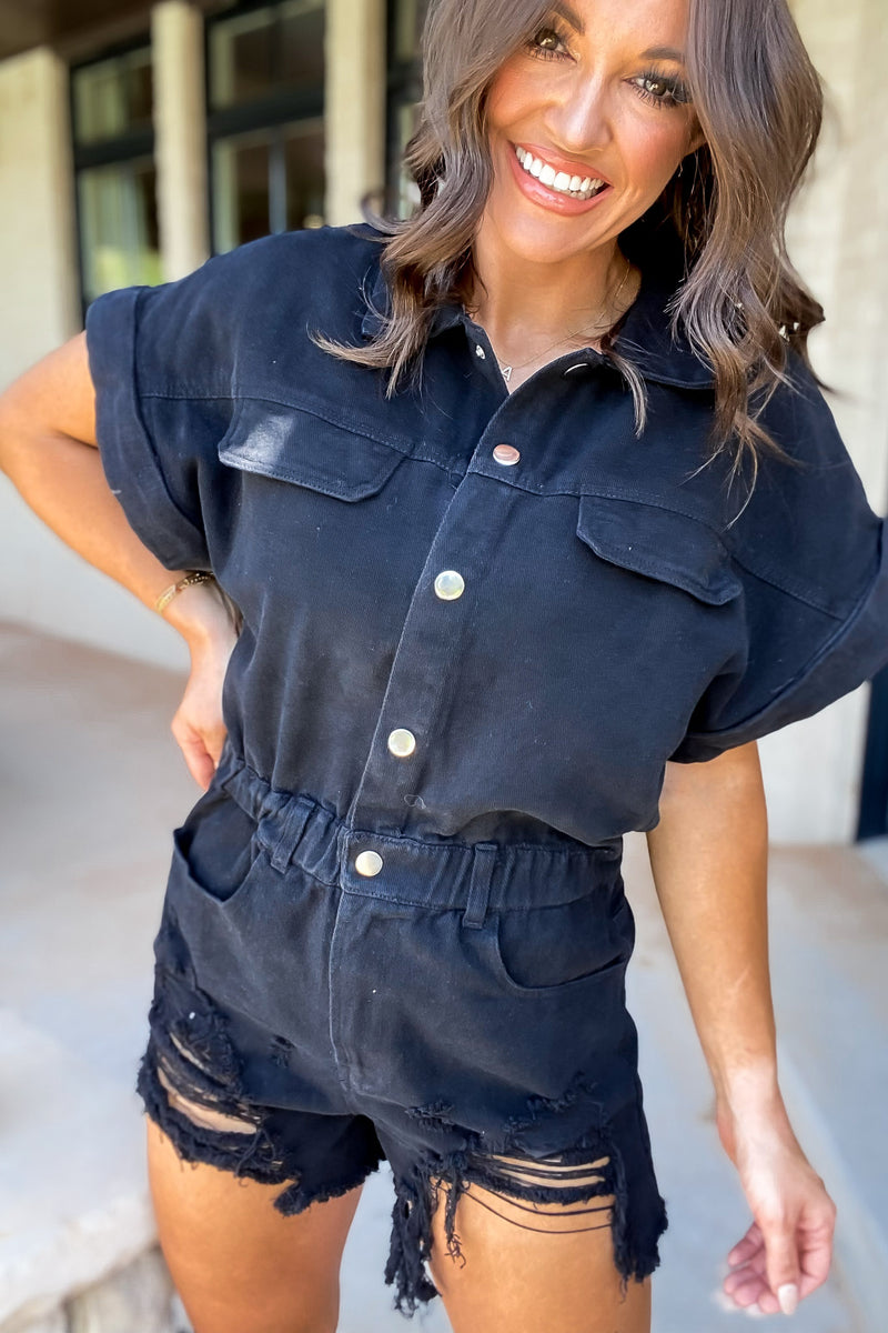 Distressed Black Denim Romper