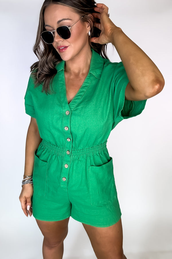 The Simple Life Kelly Green Linen Button Down Romper